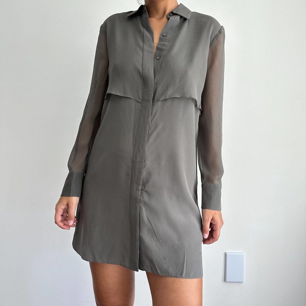 Club Monaco Silk Dress Womens 2 Tunic Shirt Overlay Chiffon Gray/Olive hue gray